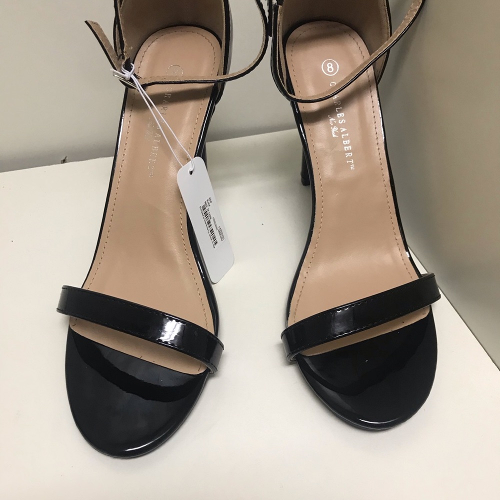 New Charles Albert Black Patent Strappy Heels 8